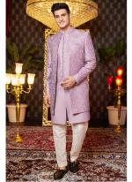 Art Silk Light Purple Wedding Wear Thread Work Readymade Indo Western Sherwani